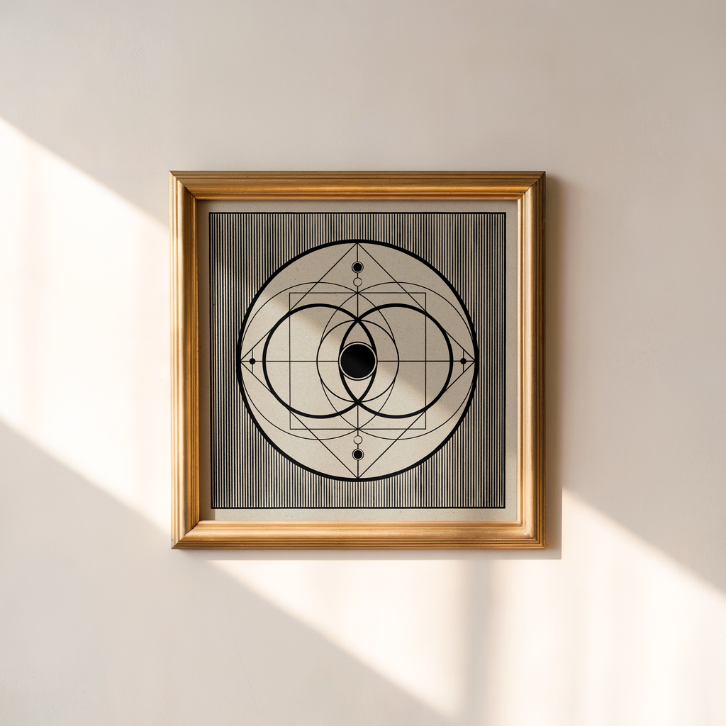 Framed geometric wall art hanging on a light beige wall, featuring a sacred geometry Vesica Piscis design on a gray and white striped background, enclosed in a gold frame.