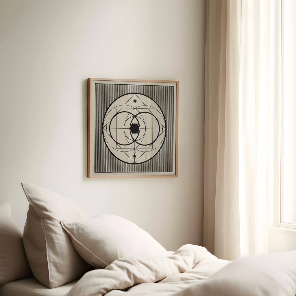 Framed wall art with a geometric Vesica Piscis in black and gray, hanging above a bed with neutral bedding in a softly lit bedroom.