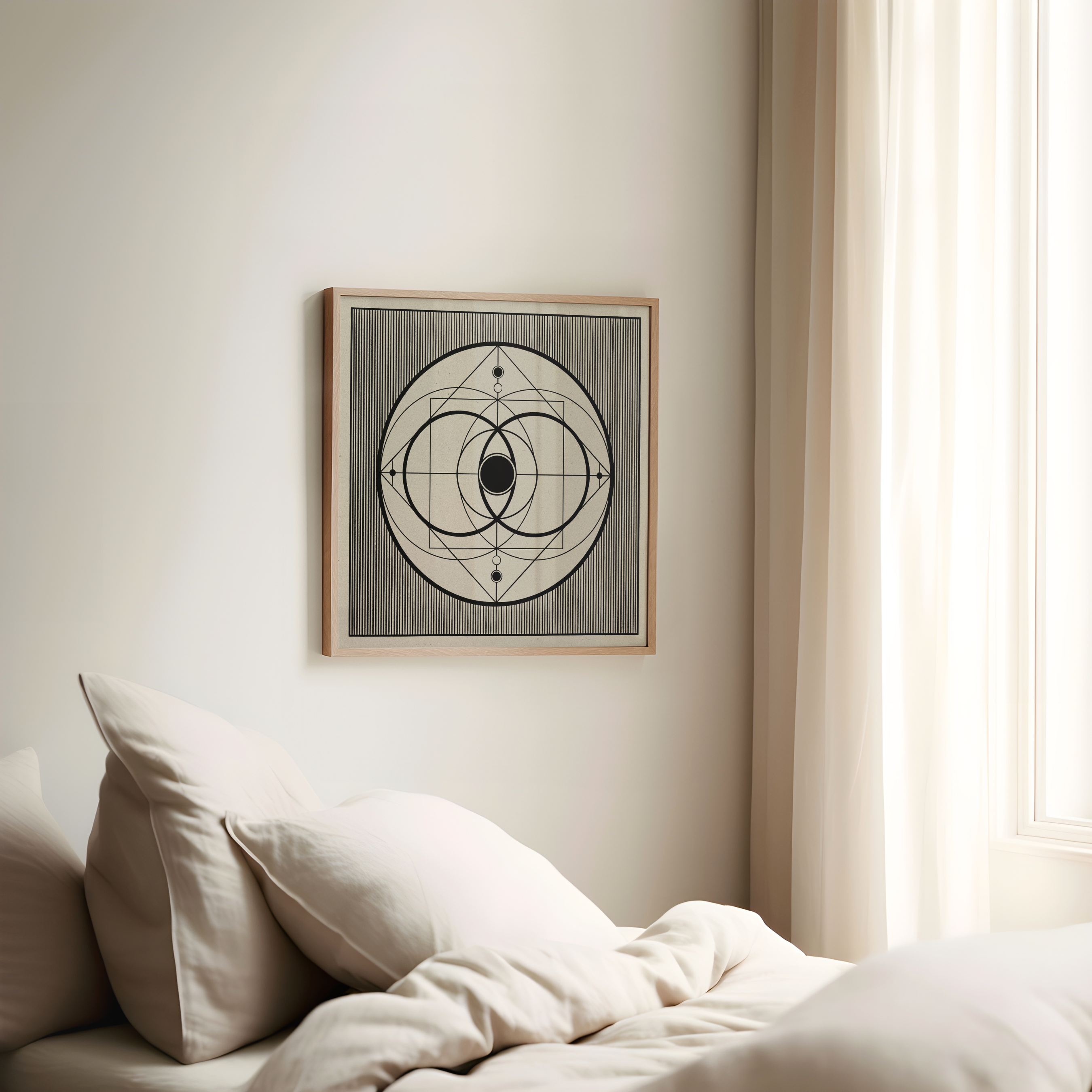 Framed wall art with a geometric Vesica Piscis in black and gray, hanging above a bed with neutral bedding in a softly lit bedroom.
