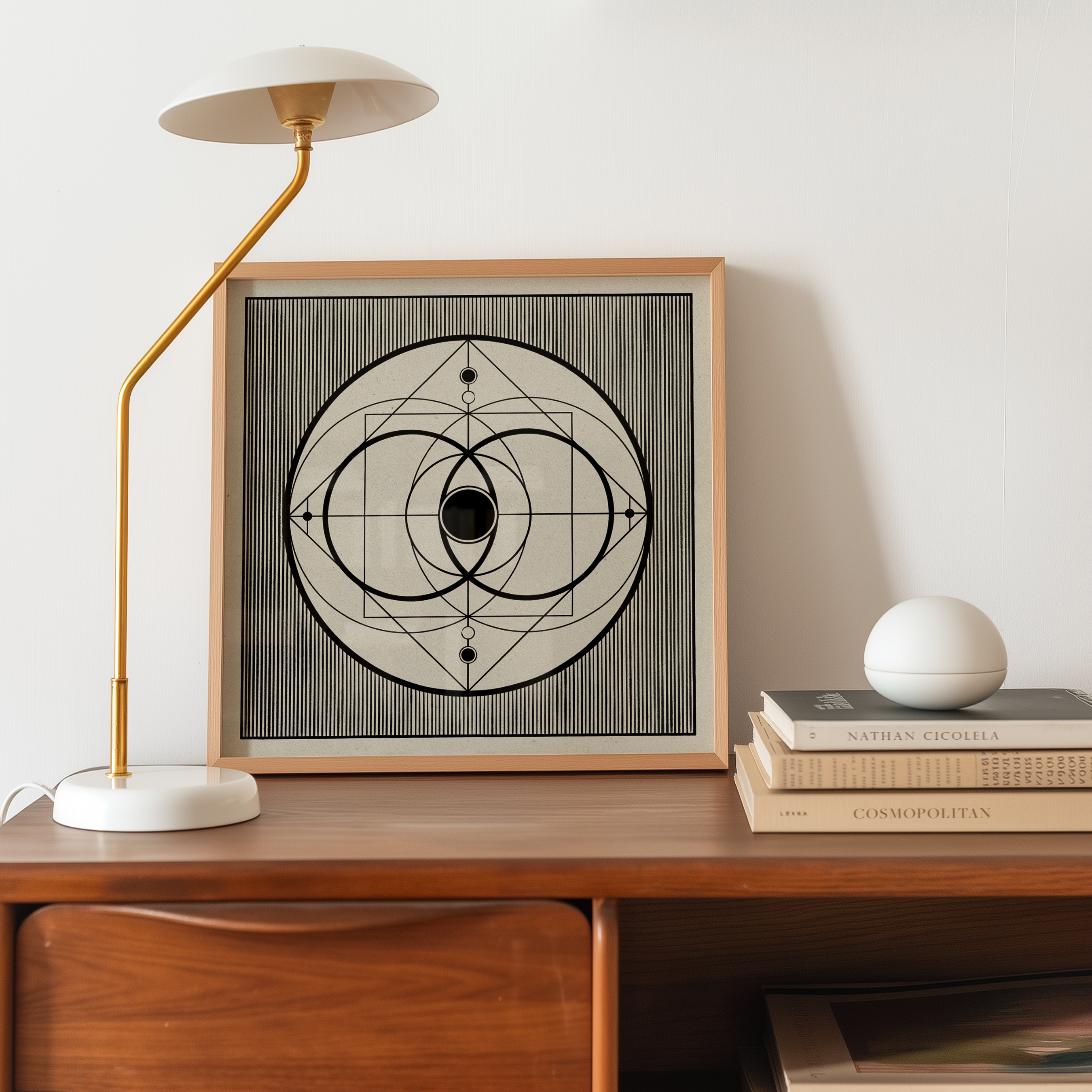 A framed black and white Vesica Piscis geometric art print with a central eye motif, styled on a wooden console table next to a gold and white table lamp and a stack of books.