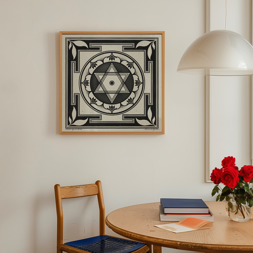 A square framed art print featuring a black and white geometric Saraswati yantra, hanging on a light beige wall in a styled dining room setting with a wooden chair, table, books, and red roses.