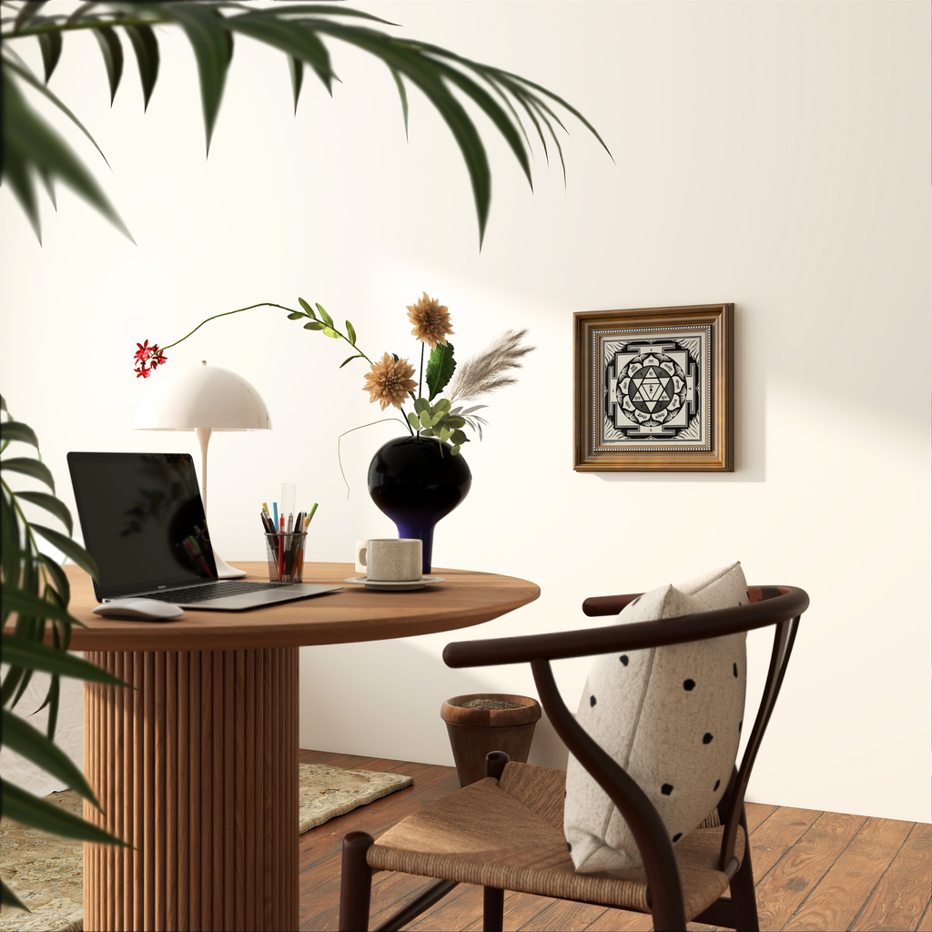 A styled home office corner featuring a round wooden desk with a ribbed pedestal base, a laptop, a white dome lamp, a black vase with dried flowers, and a woven wood chair with a cream pillow. A framed Gayatri yantra art print hangs on the off-white wall, with a leafy plant in the foreground and warm sunlight casting shadows.