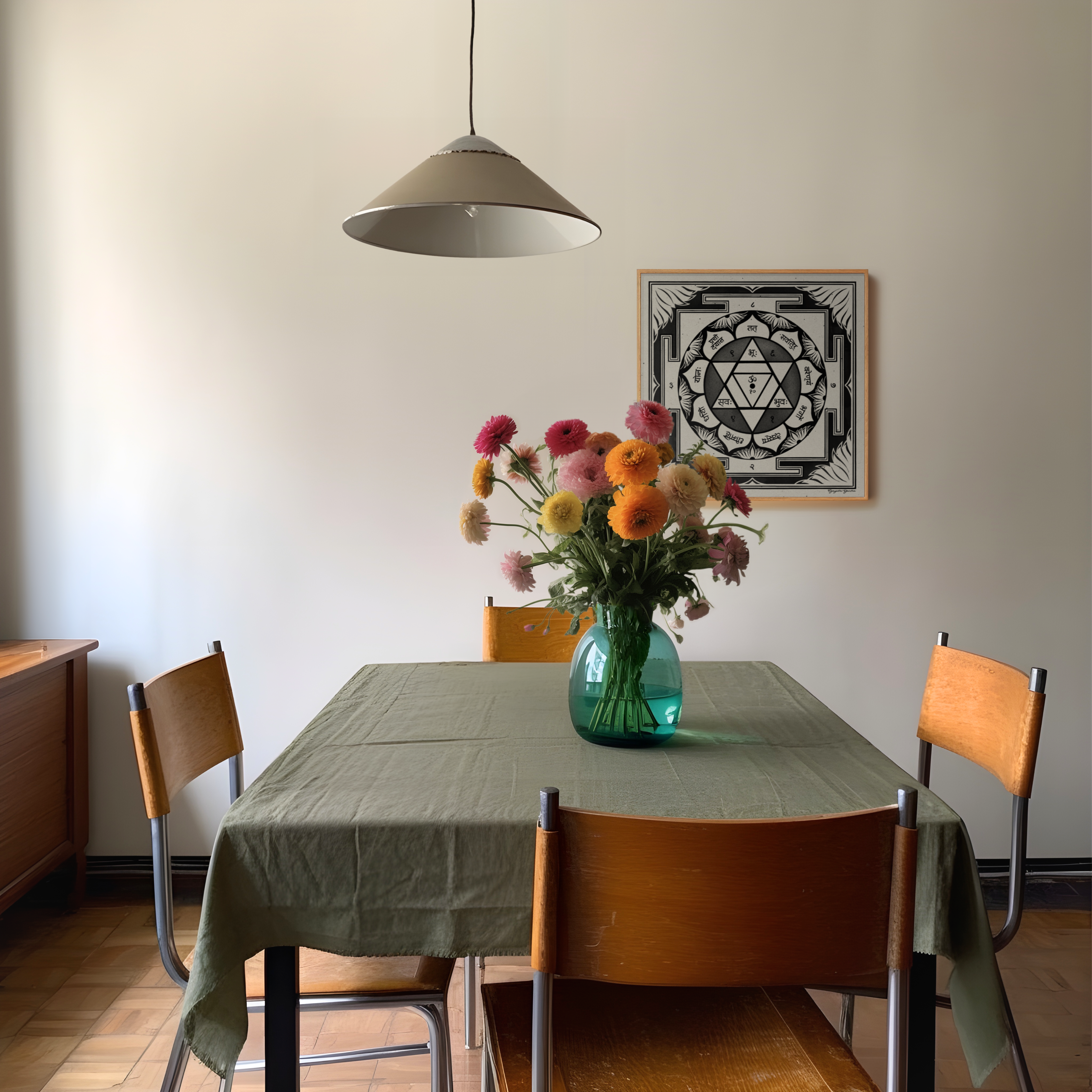 A dining table with a sage green tablecloth, surrounded by four wooden chairs with metal legs. A clear glass vase filled with a colorful bouquet of pink, orange, and yellow flowers sits on the table. Behind is the Gayatra Yantra framed art print.