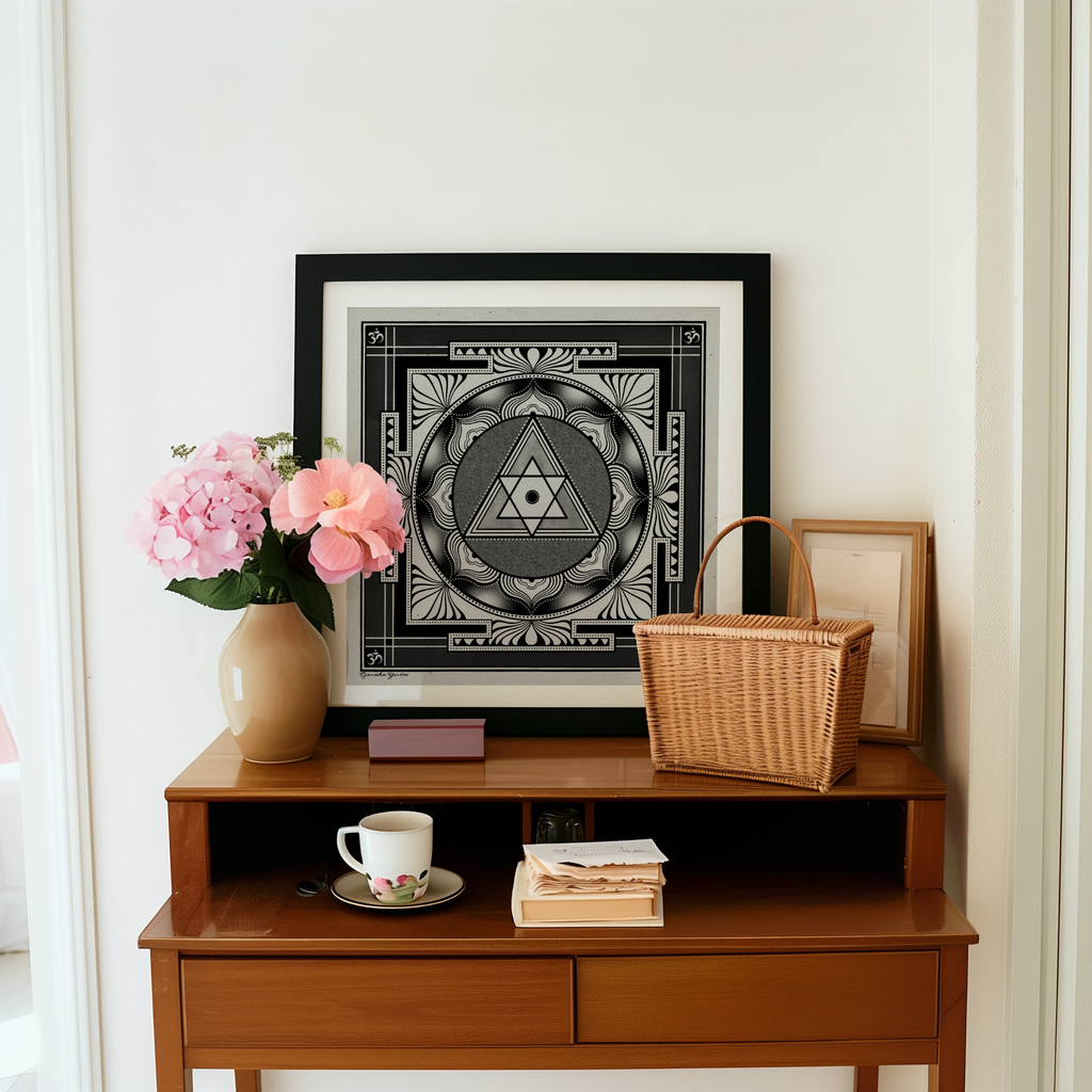 A black-framed square art print featuring a black and white geometric Ganesha yantra, styled on a wooden console table with pink flowers, a wicker basket, and a cup in a bright room.