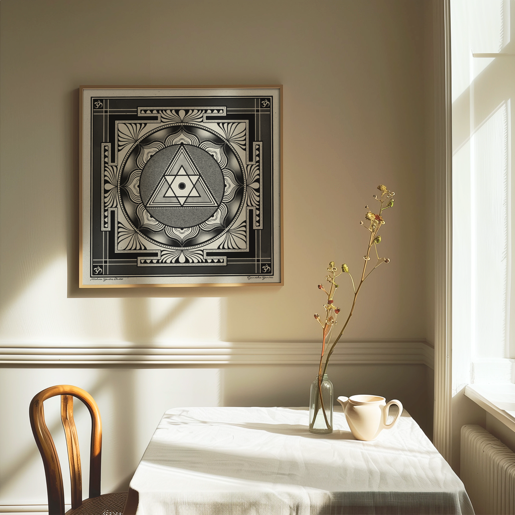 A framed square wall art print featuring a black and white geometric sacred geometry Ganesha yantra hangs on a beige wall above a table with a white cloth, a glass vase with dried stems, and a small cream-colored cup in a sunlit room.