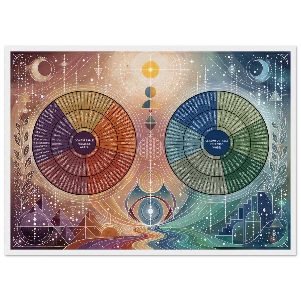 Framed Yin and Yang Emotion Wheel poster. A circular mental health chart split into light and dark halves, featuring radiating rings of emotional vocabulary. Modern mindfulness and therapy wall art.