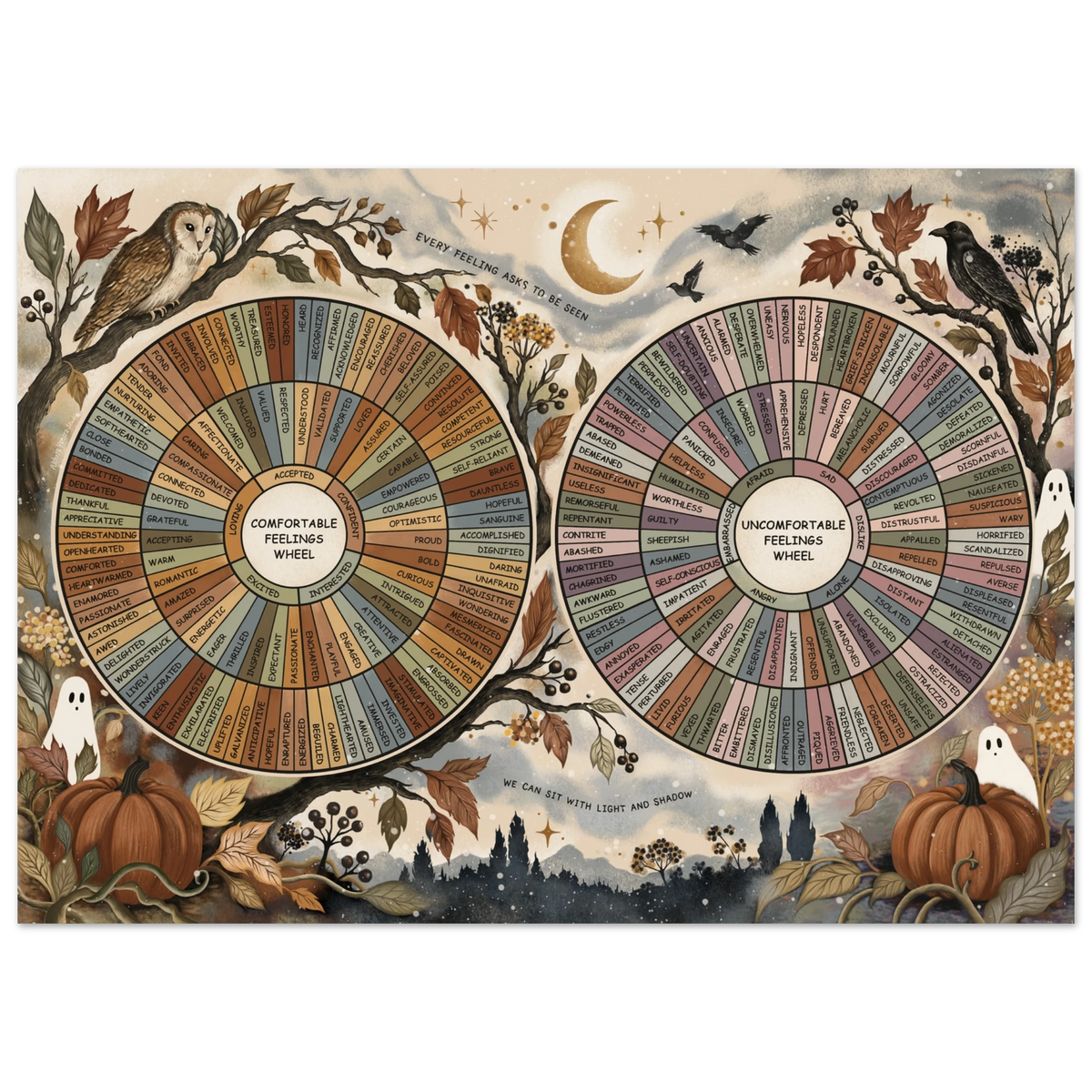 Halloween Emotion Feelings Wheel fine art print with light and shadow mood charts surrounded by spooky autumn artwork
