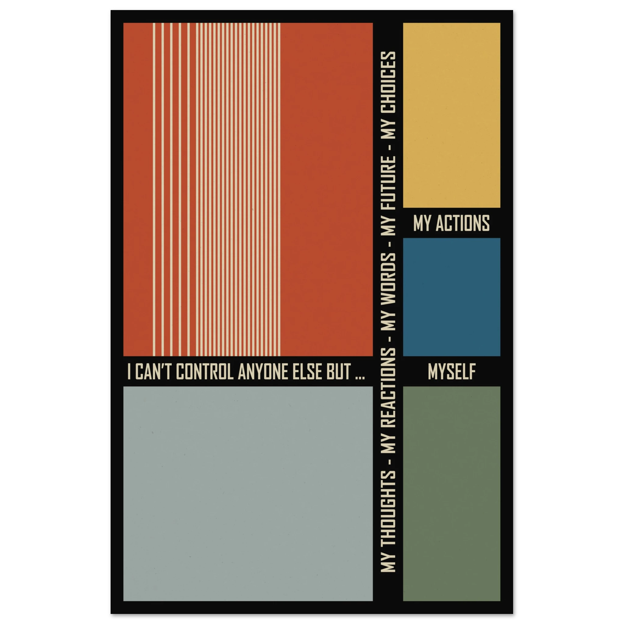 Mid-century inspired painting with healing text to support mental health and well being, suitable for therapy office decor.