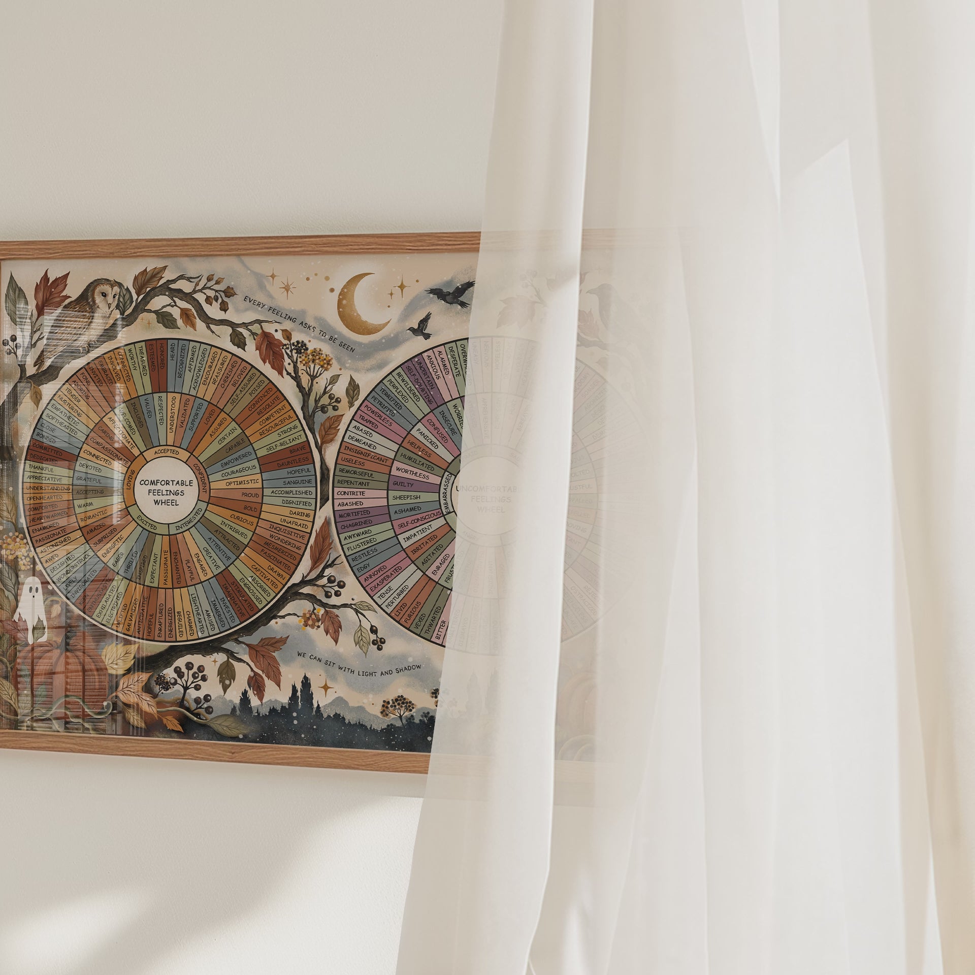 Video mockup of a framed Halloween Emotion Feelings Wheel art print displayed in a cozy room decor setting