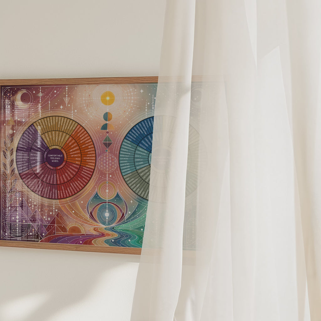 Lifestyle video of the Yin and Yang Emotion Wheel framed wall art hanging in a calming, contemporary home interior.