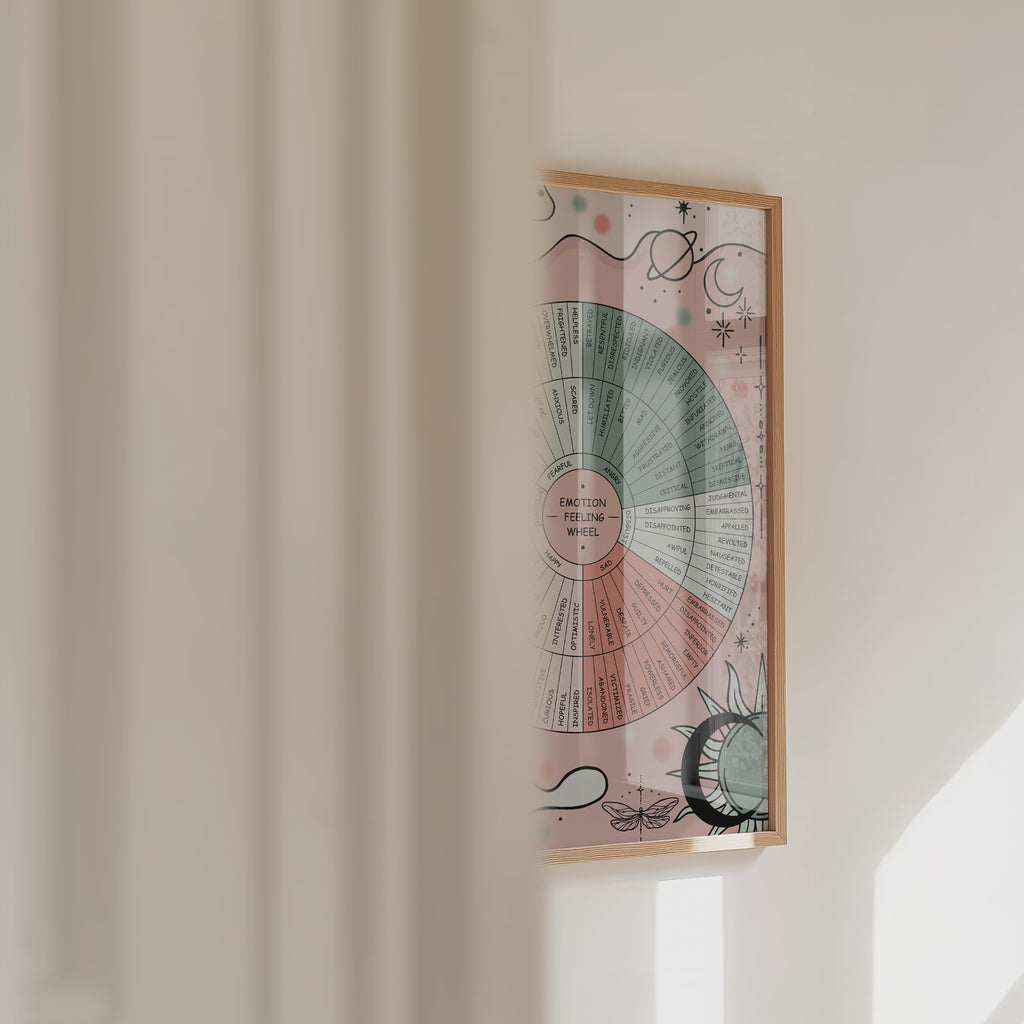 A video showing details of the emotion feeling wheel framed poster in a peaceful scene.