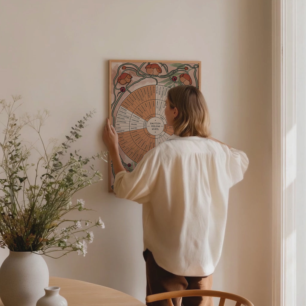 Video of the emotion feeling wheel being hanged by a woman in a peaceful scene.